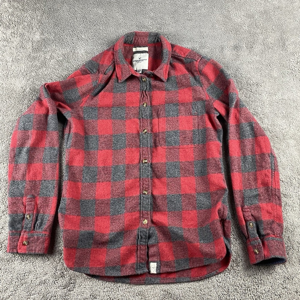 American Eagle Long Sleeve Shirt Womens Small Gray Red Flannel Plaid Slim‎ Fit